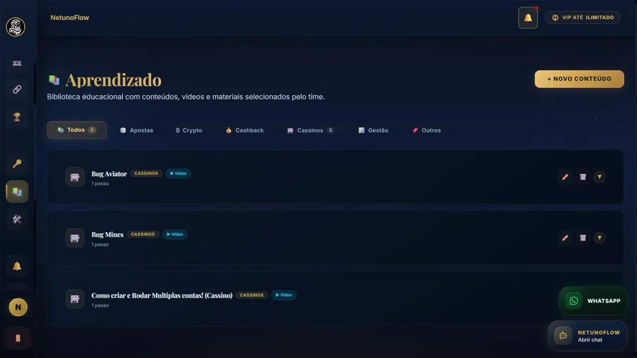 Tela de aprendizado com métodos, planilhas e mentorias