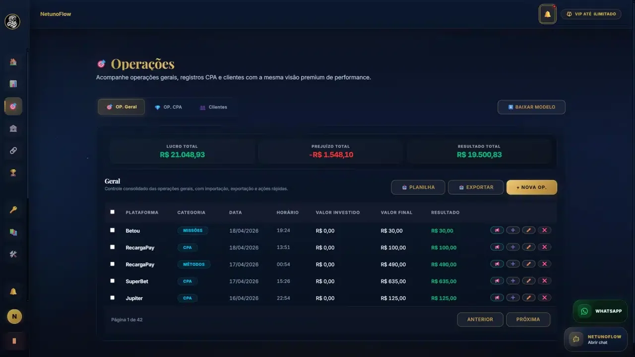 Tela de operações do Netuno Dash